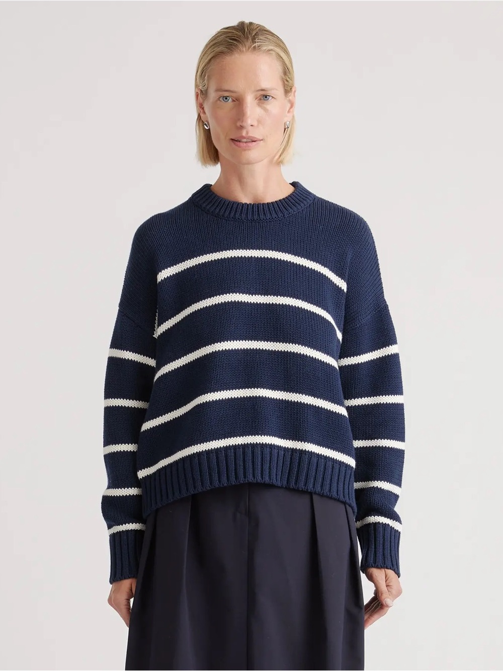 Quince 100% Organic Cotton Striped Crew Sweater in Navy / White - XL